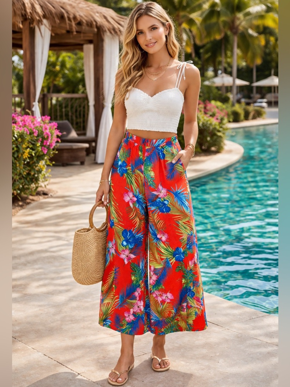 Vacation pants tropical print open leg red Romeo & Juliet couture hawaiian style